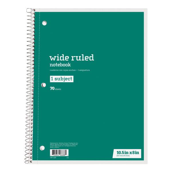 Just Basics Spiral Notebook, 8" X 10-1/2", Wide Ruled, 70 Sheets, Green