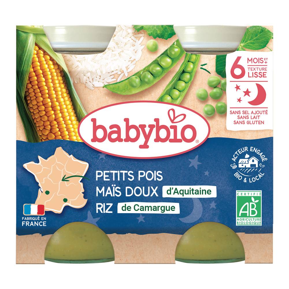 Babybio - Petits pois maïs doux d'aquitaine riz de camargue bio 6mois et + (400g)