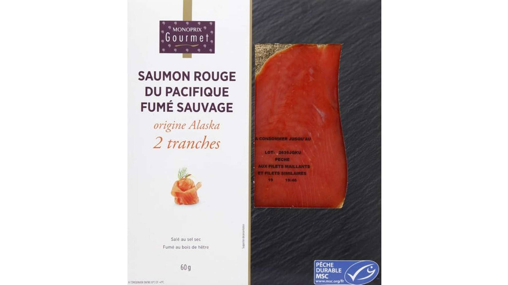 Monoprix Gourmet Saumon rouge du Pacifique fumé sauvage Les 2 tranches, 60g