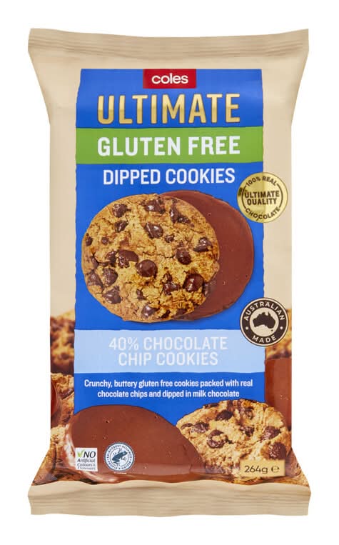 Coles Ultimate Gluten Free Dipped Cookies 40% Chocolate Chip Cookies (264g)