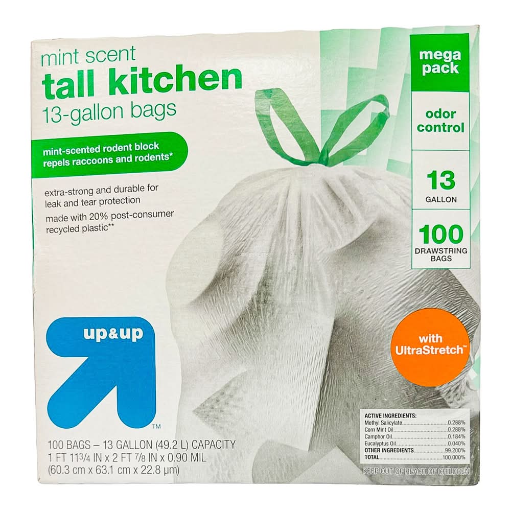 up&up Rodent Repellent Tall Kitchen Drawstring Trash Bags 13 Gal, Mint (100 ct)