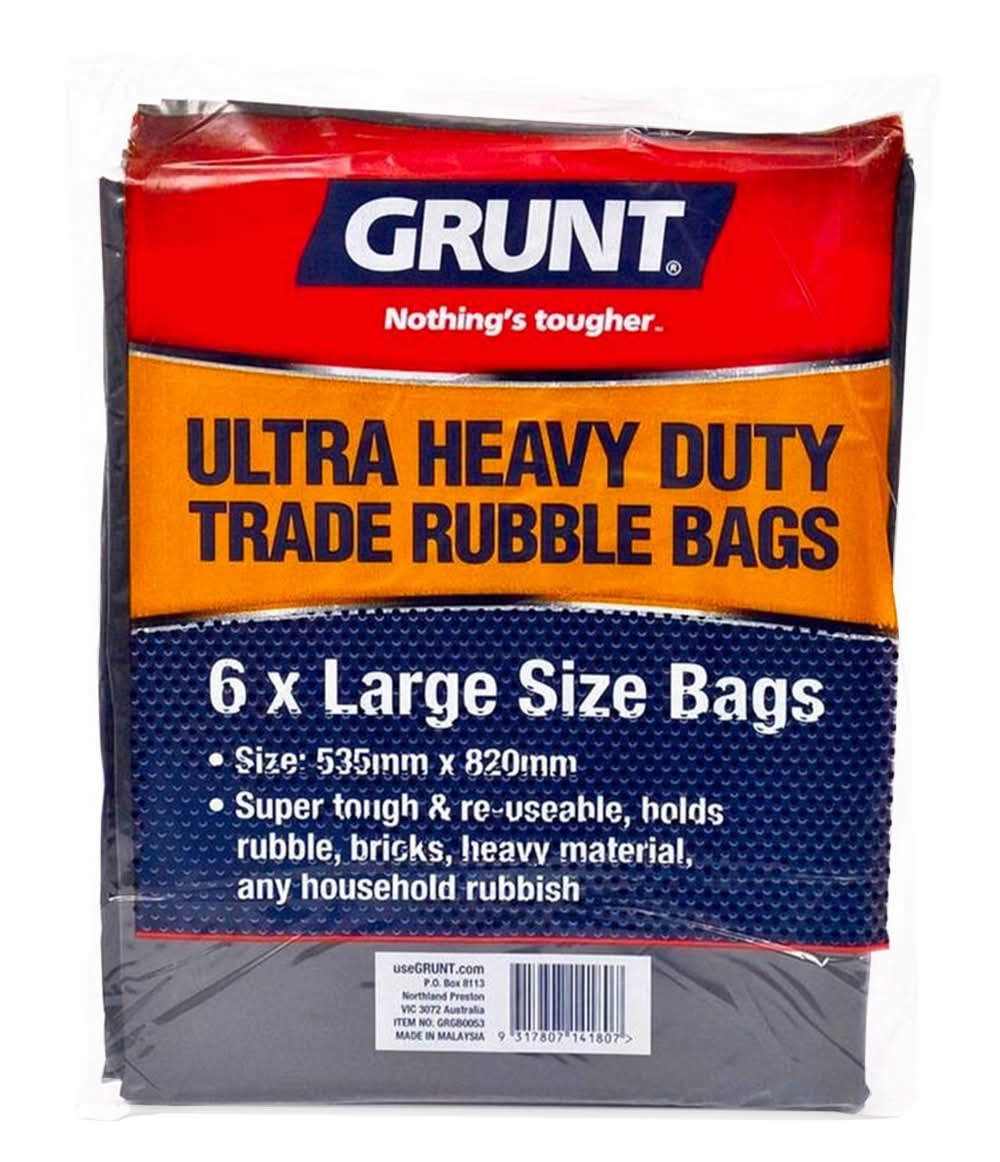 Grunt 44L Large Ultra Heavy Duty Trade Rubble Bags - 6 Pack