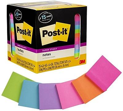 Post-It Super Sticky Notes, 3 In. X 3 In., Assorted Bright Colors, 15 Pads/Pack
