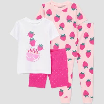 Carter's Just One You®️ Toddler Girls' 4pc Cotton Snug Fit Strawberries Pajama Set - Pink/White 5T: Elastic Waist, Short Sleeve