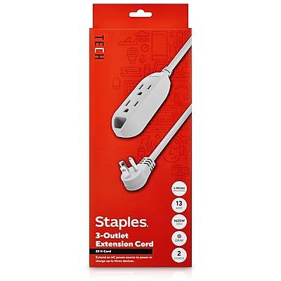 Staples Extension Cord 3 Outlet With Safety Covers 22129, 25 Ft, Gray