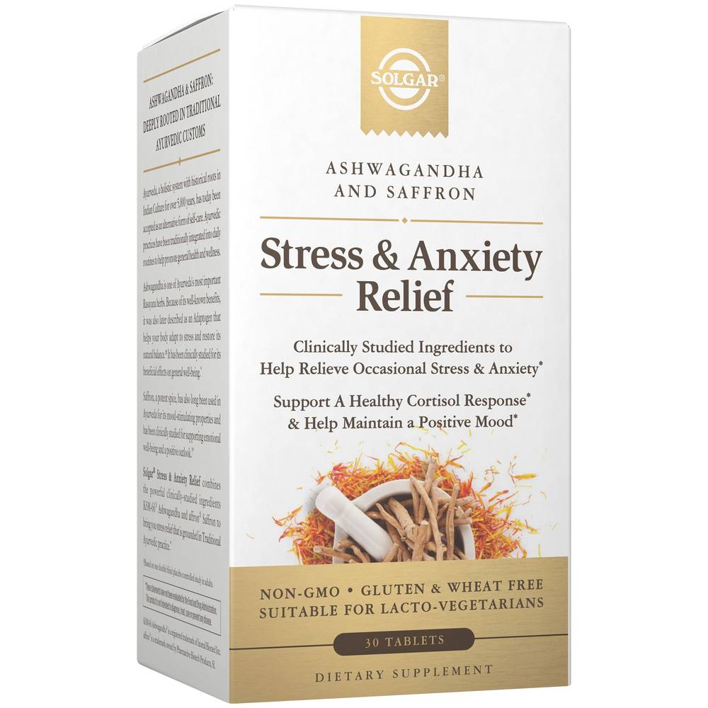 Solgar Stress & Anxiety Relief Ashwagandha & Saffron Help Relieve Occasional Tablets (30 ct)