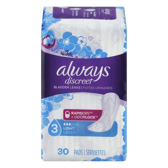 Always Discreet Light 3 Lightly Scented Pads (30 ct)