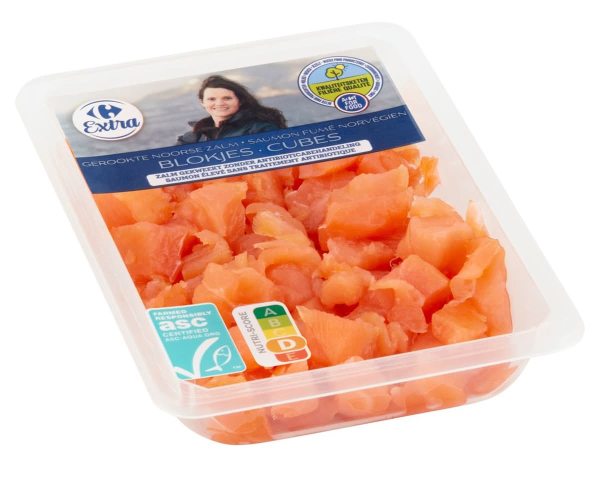 Kwaliteitsketen Carrefour Extra Gerookte Noorse Zalm Blokjes 140 g