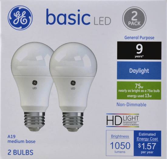 Ge 75w Basic Led Daylight Bulbs (2 bulbs)