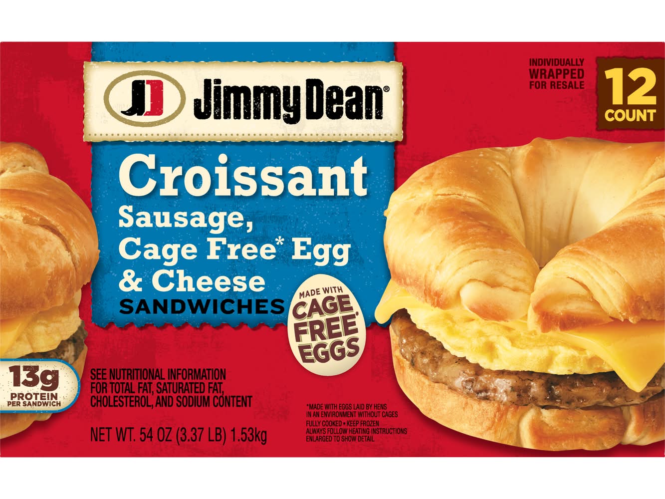 Jimmy Dean Croissant Breakfast Sandwiches With Sausage Egg and Cheese (54 oz, 12 ct)