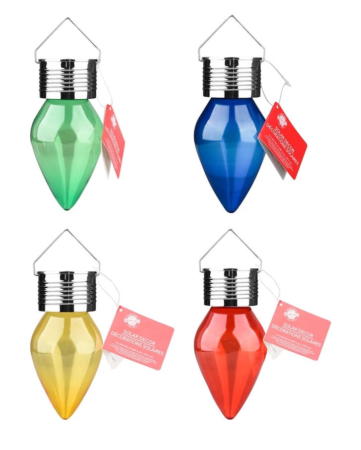 Solar-Powered Hanging Christmas Light Bulb, Green-Blue-Yellow-Red (4 ct)