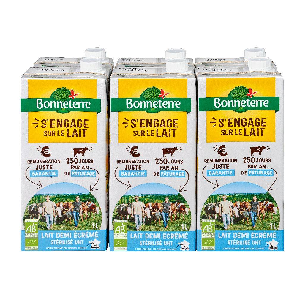 Bonneterre - S'engage sur le lait demi écrémé sterilisé uht bio (6 pièces, 1 L)