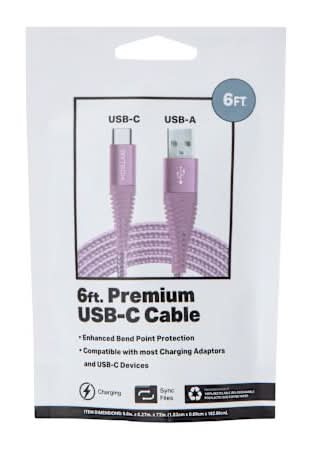 6ft Braided Premium USB-C To USB-A Cable Pink