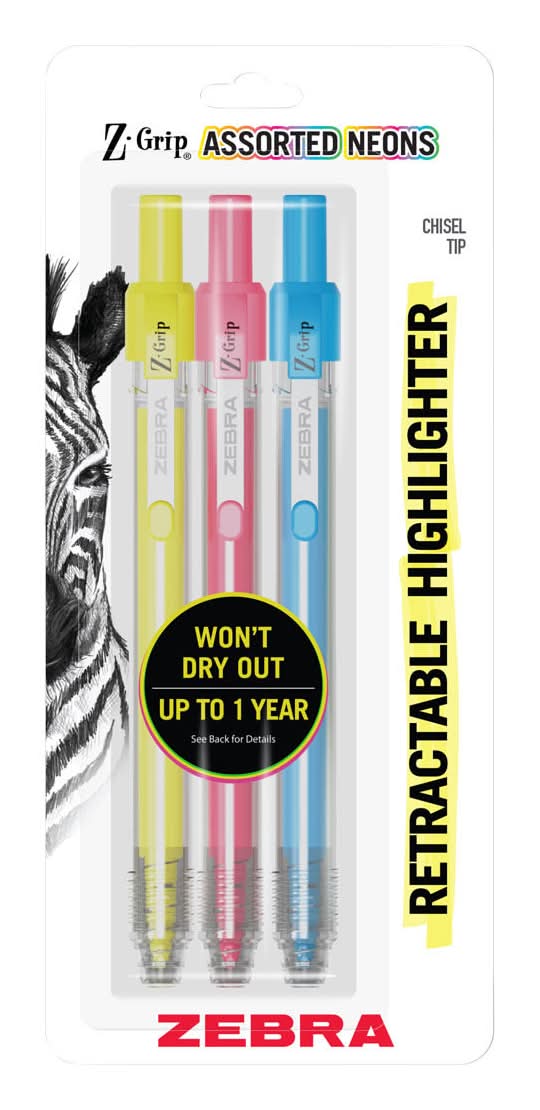 Zebra Z-Grip Assorted Neon Retractable Highlighters Chisel Tip 3 Pk