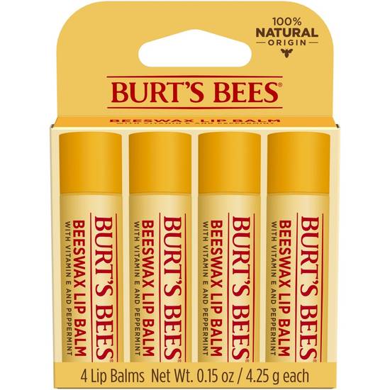 Burt's Bees 100% Natural Moisturizing Lip Balm - Original Beeswax with Vitamin E & Peppermint Oil, 0.15 oz, 4 ct