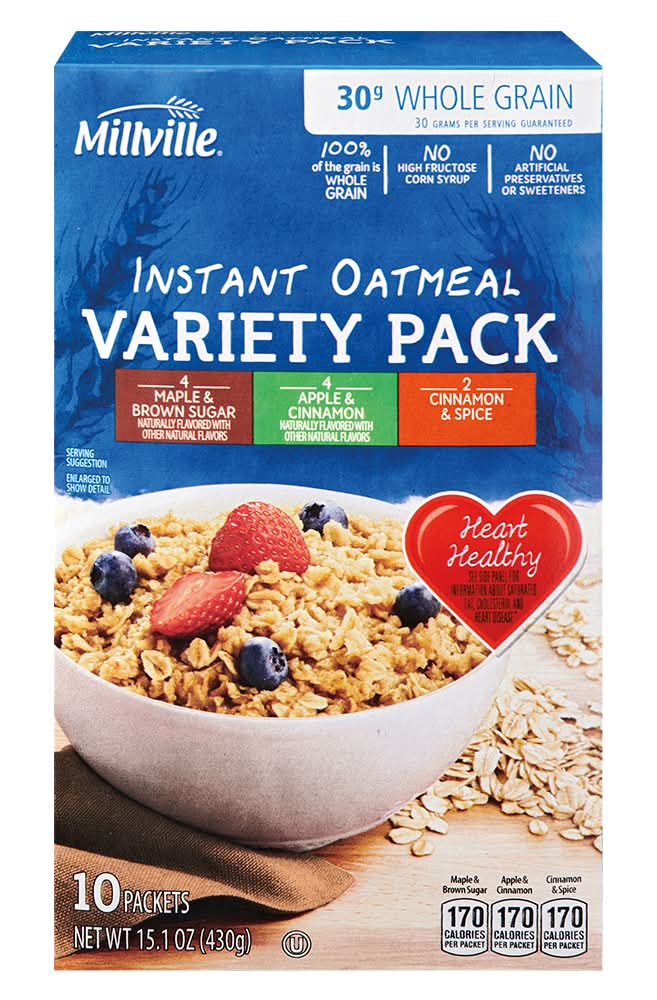 Millville Instant Oatmeal Variety pack, Maple & Brown Sugar-Apple & Cinnamon-Cinnamon & Spice (15.1 oz, 10 ct)