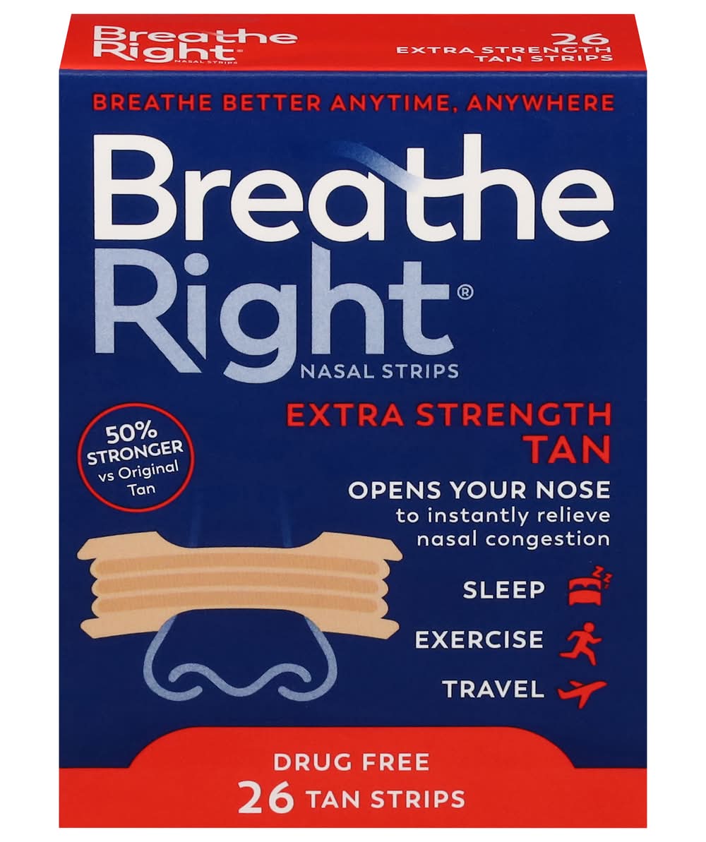 Breathe Right Extra Strength Nasal Congestion Relief Strips, Tan (1.6 oz, 26 ct)