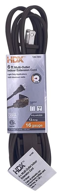 Hdx 6 Ft. 16/2 Light Duty Indoor Multi-Outlet Extension Cord, Brown