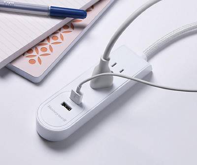 White AC & USB Power Strip, (3')