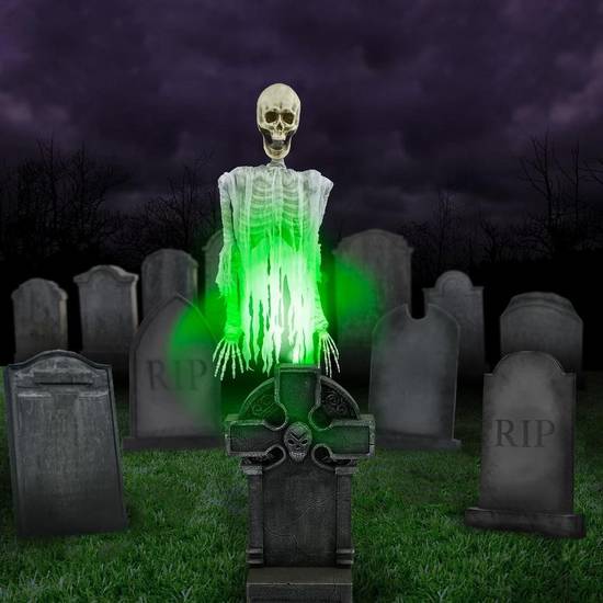 Light-Up Floating Skeleton Ghost & Gravestone Fabric & Plastic Yard Decoration with Sounds, 6ft