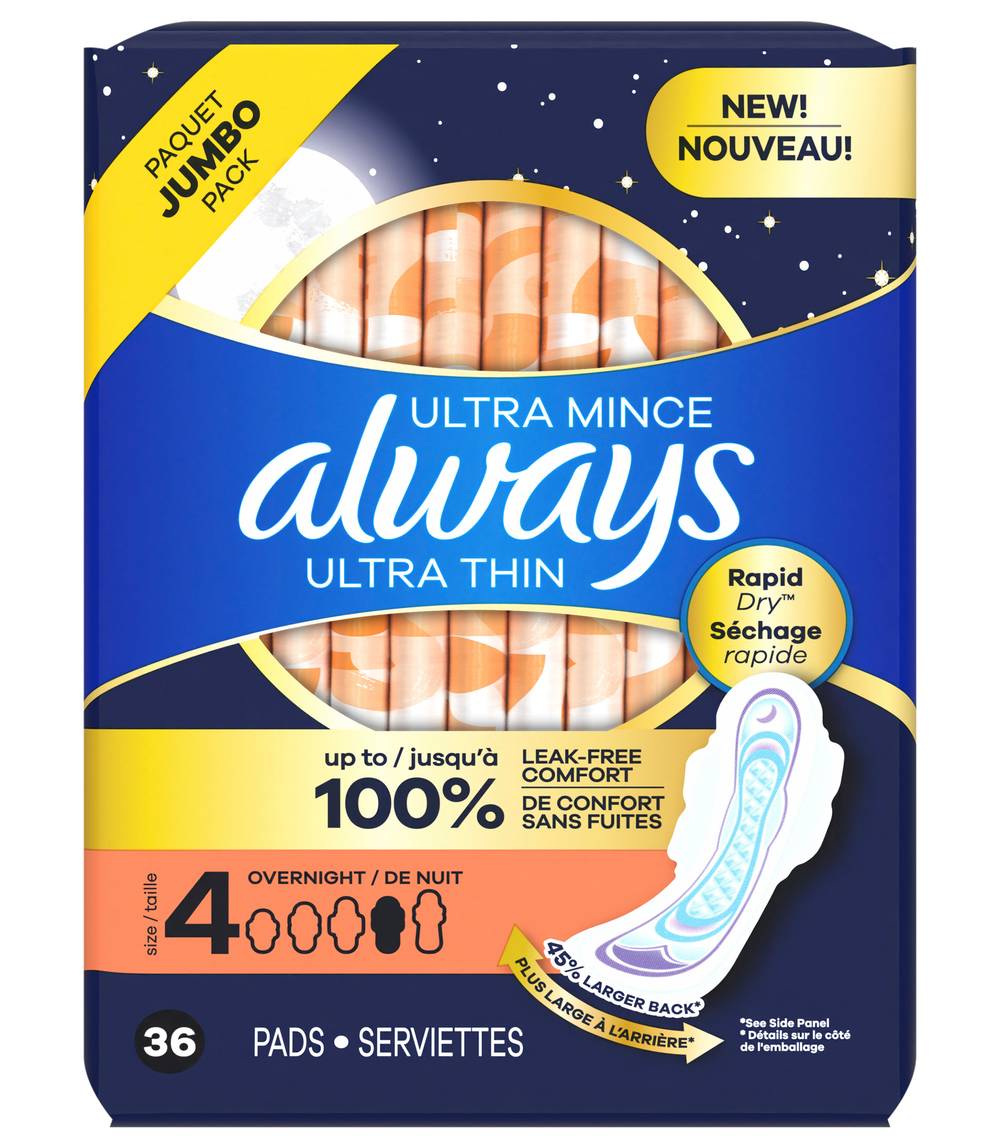 Always Ultra Thin Overnight Flexi-Wings Pads, Size 4 (9.6 oz, 36 ct)