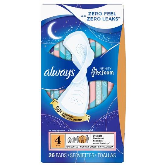 Always Infinity FlexFoam Pads for Women, Size 4, Overnight Absorbency, Unscented, 26 Count