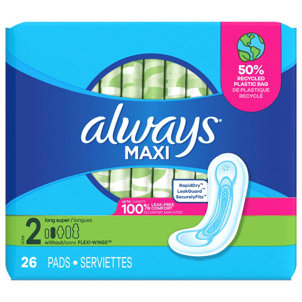 Always Maxi Pads, Long Super, Without Wings Unscented, Size 2