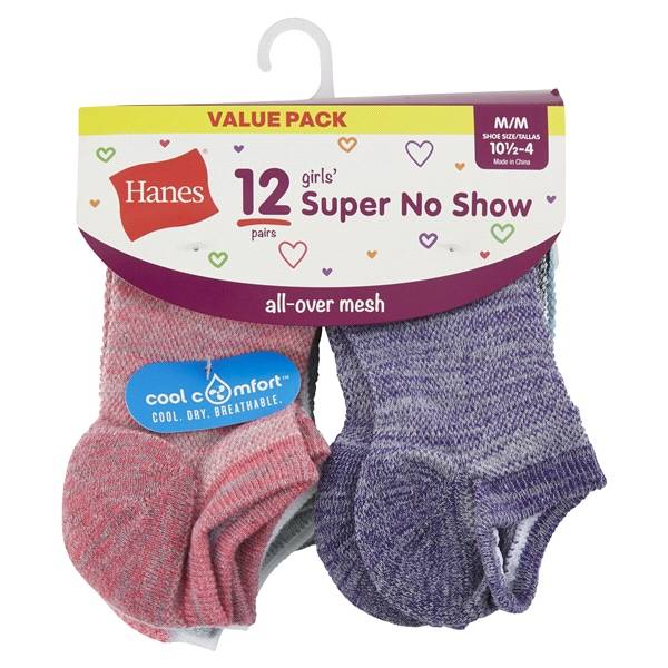 Hanes Girls' Super No-Show Socks, Assorted Colors, 12 Pack, Size Medium
