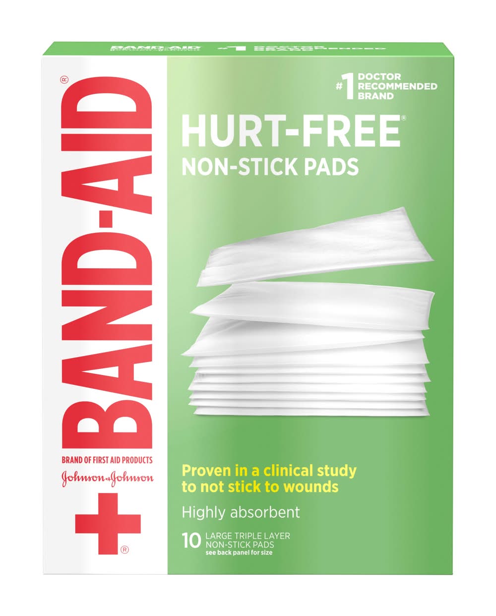 Band-Aid Hurt-Free Triple Layer Non-Stick Pads, L (1.6 oz, 10 ct)