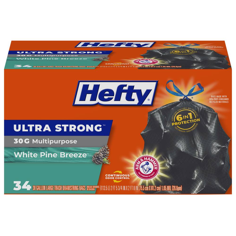 Hefty Ultra Strong Multipurpose Drawstring White Pine Breeze Trash Bags Large (75.5 cm x 81.2 cm)