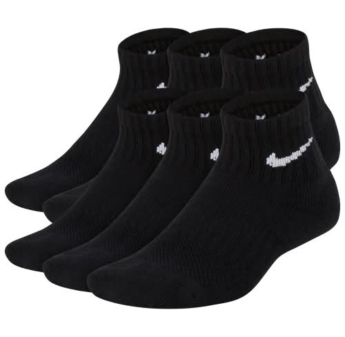 Nike Boys 6 Pack Cushioned Quarter Socks - Black/White Size M