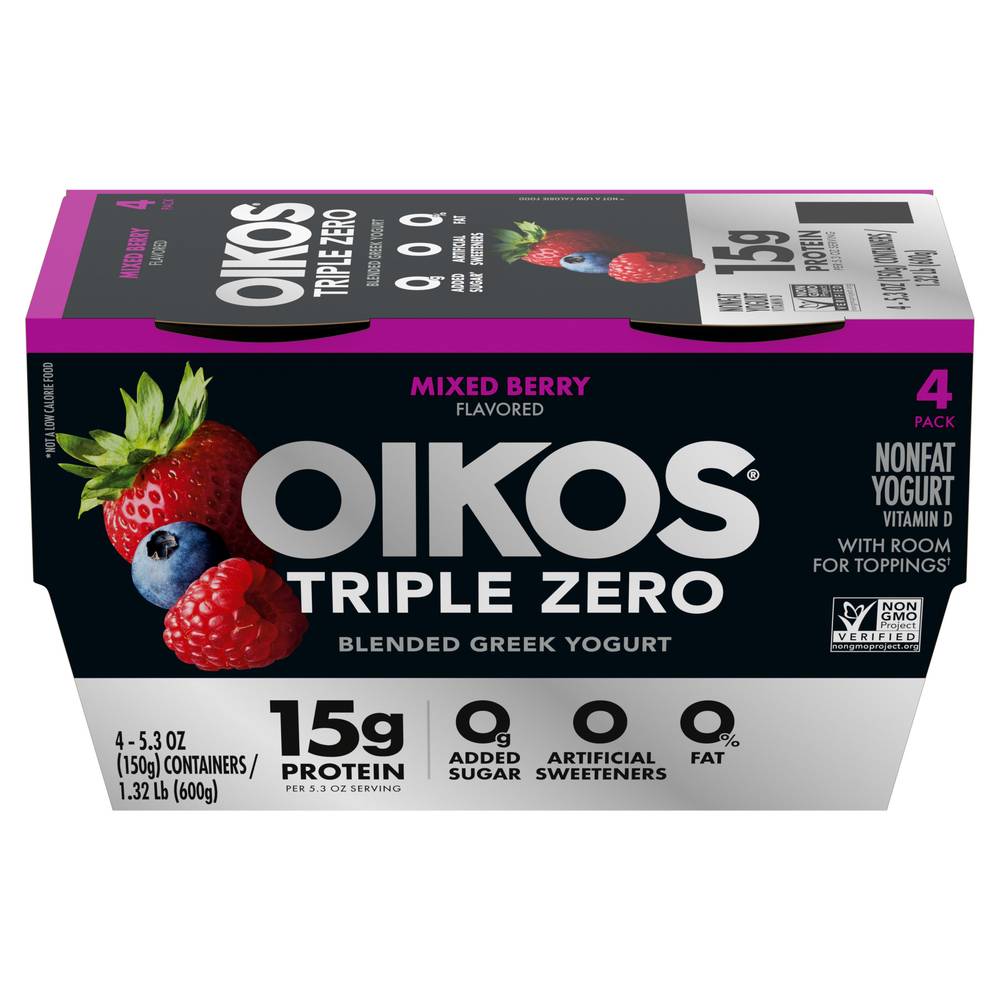 Oikos Triple Zero Mixed Berry Flavor Blended Greek Yogurt (5.3 oz, 4 ct)