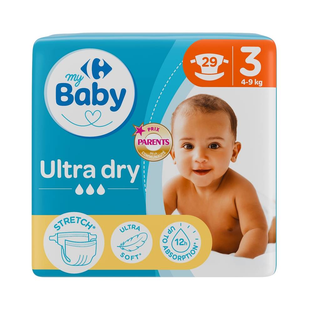 Couches taille 3 : 4-9 kg Ultra Dry CARREFOUR BABY - le paquet de 25