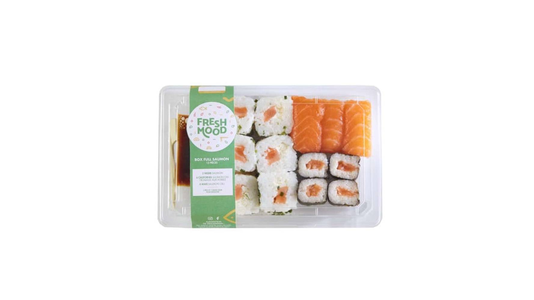 2B FRESH Box full saumon, 3 nigiri saumon, 6 california saumon cru cheese et 4 maki saumon cru, accompagné d une sauce soj Assortiment de 13 sushis à base de riz
