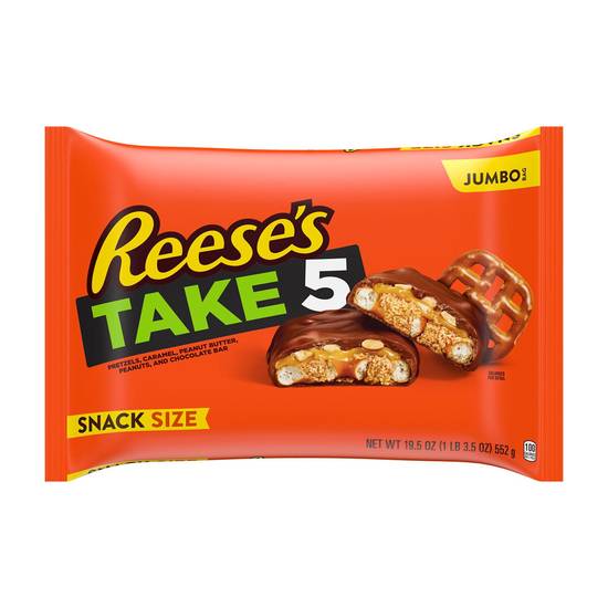 Reese's TAKE 5 Pretzel, Caramel, Peanut Butter, Peanut, Chocolate Snack Size, Halloween Candy Bars Jumbo Bag, 19.5 oz
