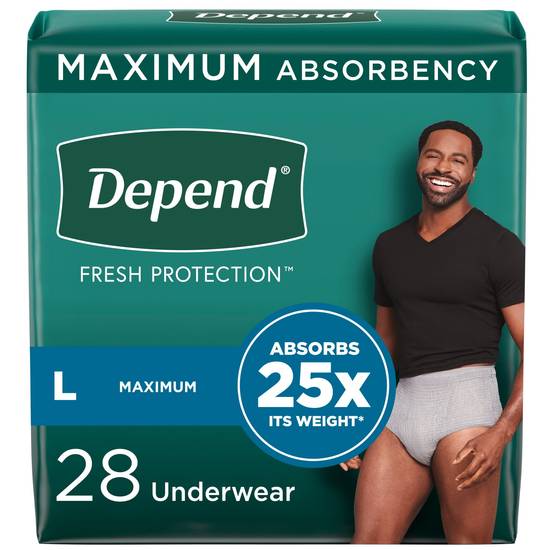 Depend FIT-FLEX Incontinence Underwear for Men Maximum Absorbency, L, Grey, 28 CT