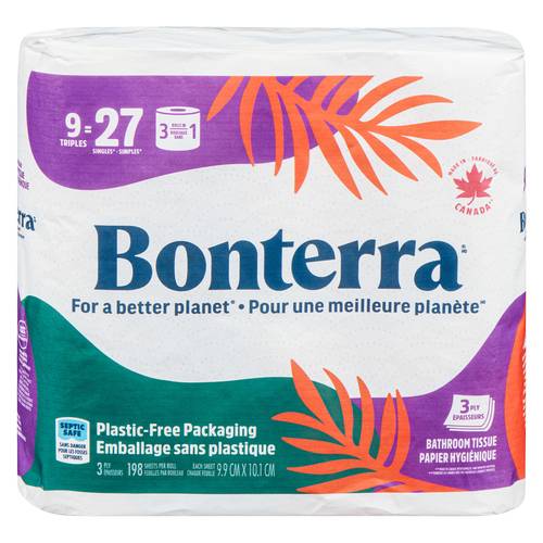Bonterra Toilet Paper 3-ply Triple Rolls, 9.9x10.1 cm (9 ct)