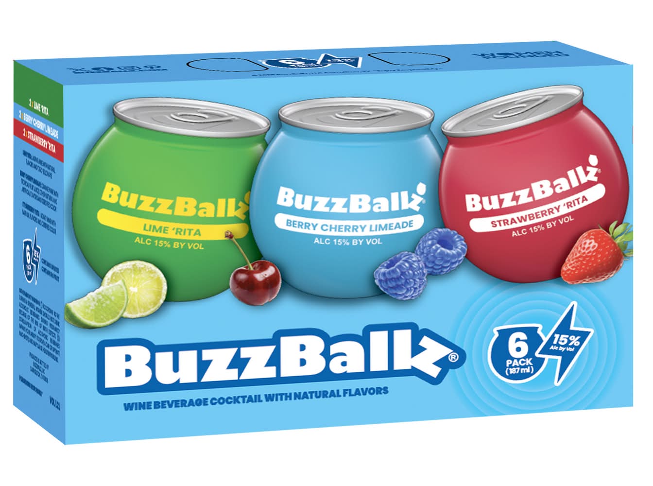 BuzzBallz Everyday Faves Chillers, Lime Rita-Strawberry Rita-Berry Cherry Limeade (6 x 187 ml)