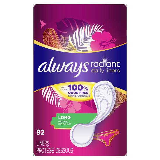 Always Radiant Daily Liners Long Absorbency, Up To 100% Odor-Free (92 ct)