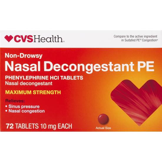 CVS Health Non-Drowsy Maximum Strength Nasal Decongestant PE, 10mg Phenylephrine HCl, 72 CT
