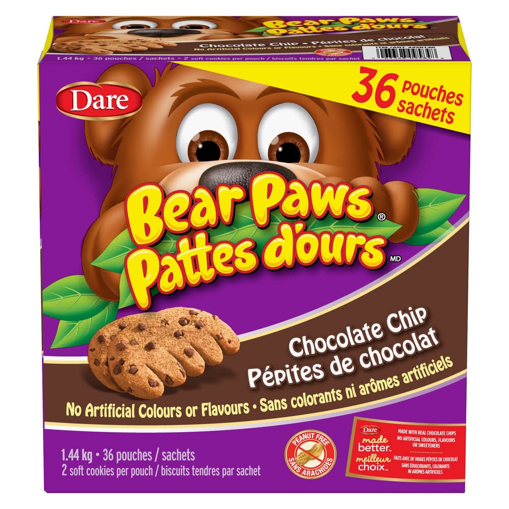 Dare - Pattes D’Ours, Biscuits Aux Pépites De Chocolat, 36 × 40 G / Dare Bear Paws Chocolate Chip Cookies, 36 × 40 G