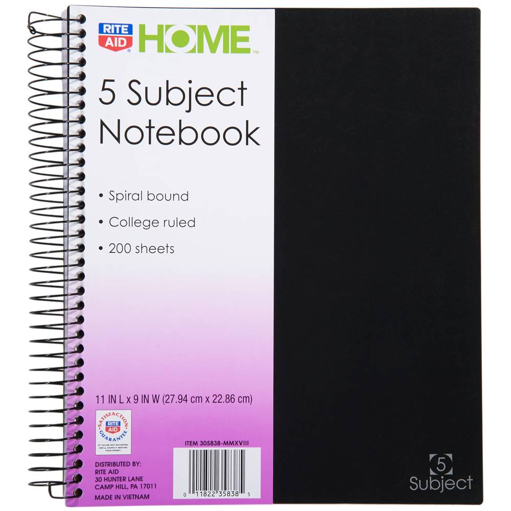 Rite Aid Home Five Subject Notebook, 11" In x 9" In (200 ct)