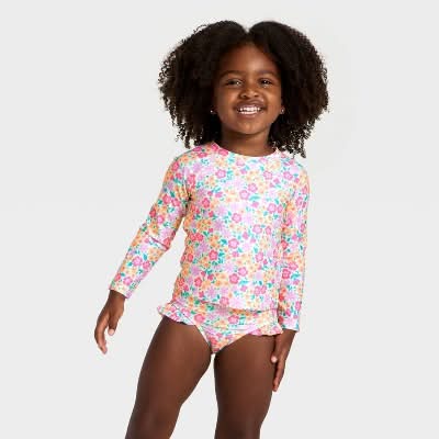 Cat & Jack Toddler Girls' Long Sleeve Multi Floral Rash Guard Swimwear Set, 3T, Cream (2 ct)