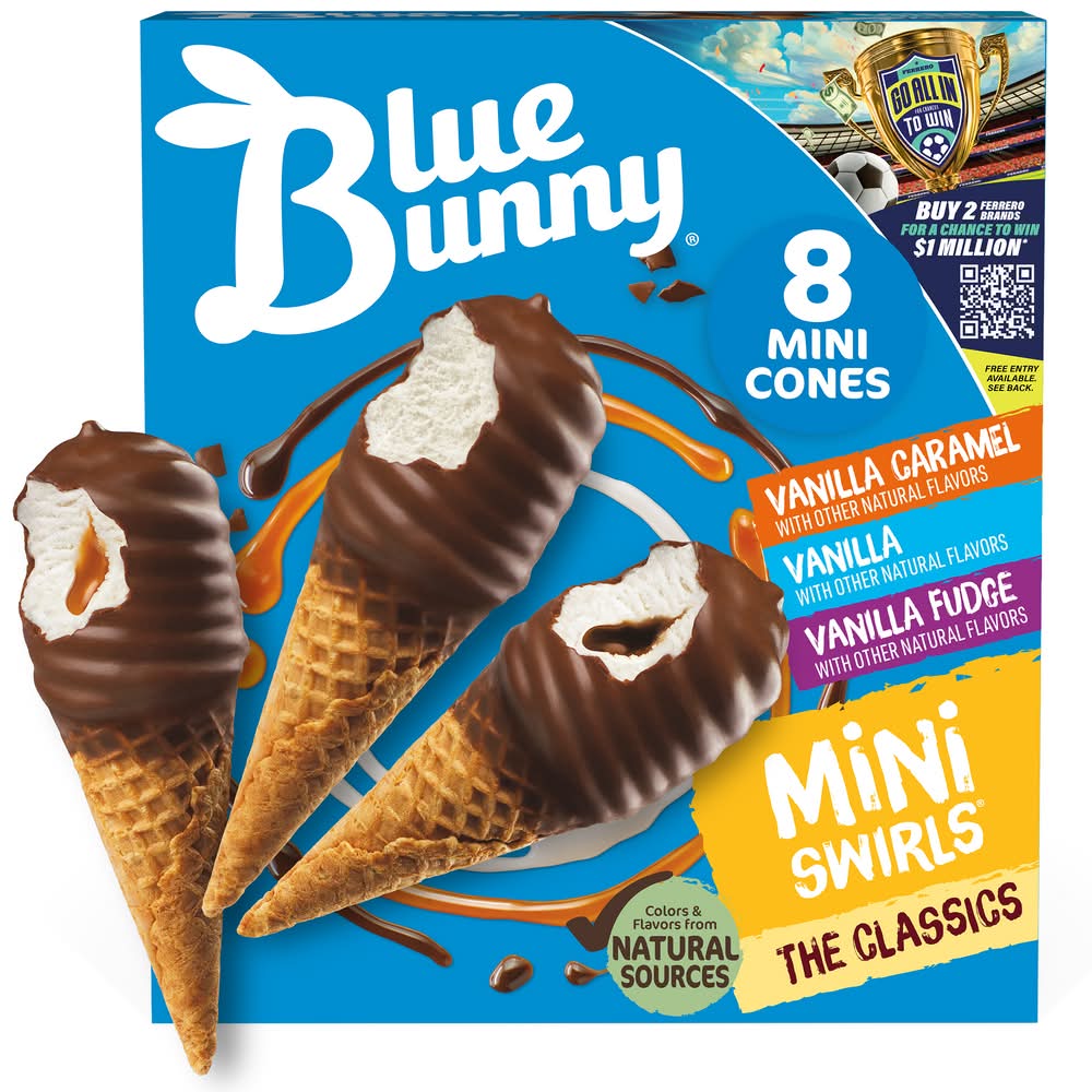 Blue Bunny Mini Swirls the Classics Variety pack Ice Cream Cones, Vanilla-Vanilla Caramel-Vanilla Fudge (8 x 2.25 fl oz)