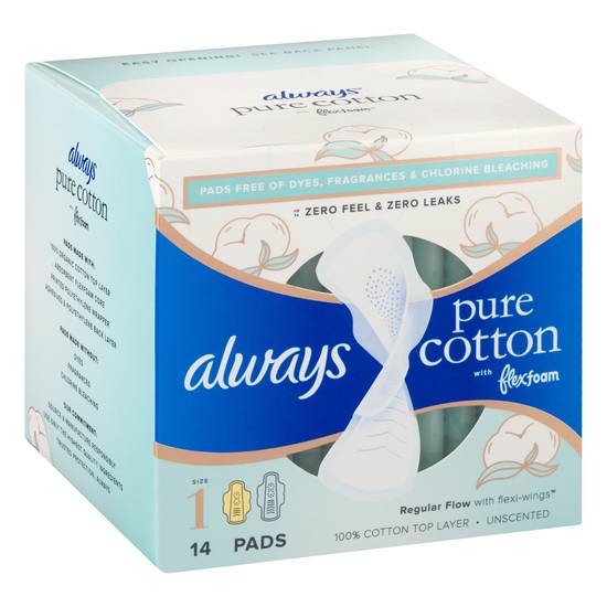 Always Pure Cotton Regular Flow Pads Size 1 (14 ct)
