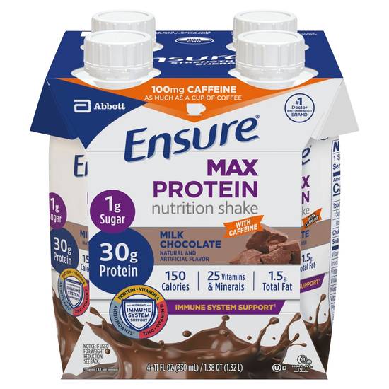 Ensure Max Protein Milk Chocolate Nutrition Shake With Caffeine (4 ct, 330 ml)