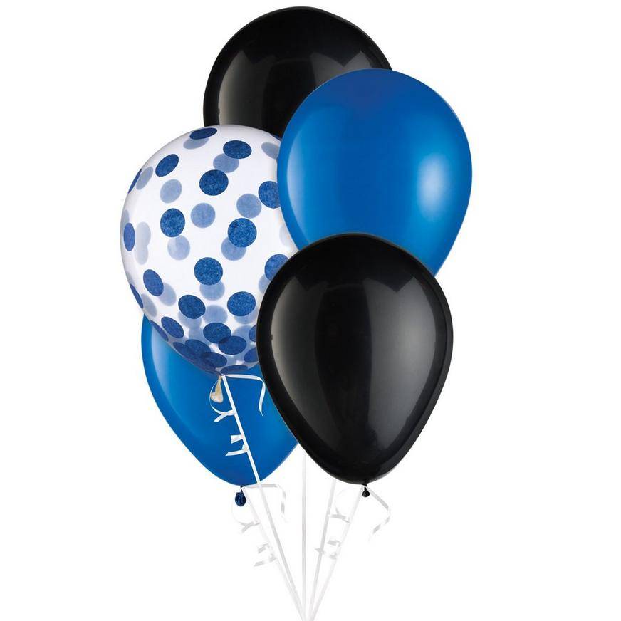 Uninflated 15ct, 11in, School Colors 3-Color Mix Latex Balloons - Blue, Black Confetti