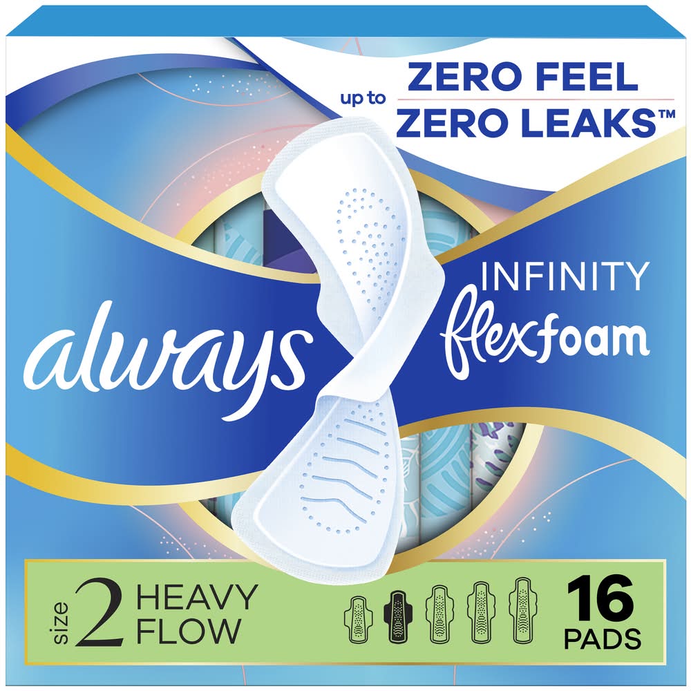 Always Infinity Flexfoam Zero Feel Leaks Heavy Flow With Flexi-Wings Pads, 2 (16 ct)