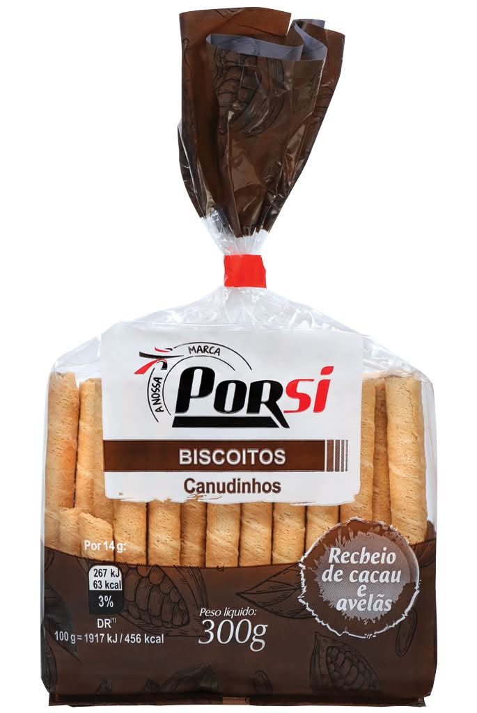PorSi  - Biscoitos canudinho recheio cacau, embalagem de 300g