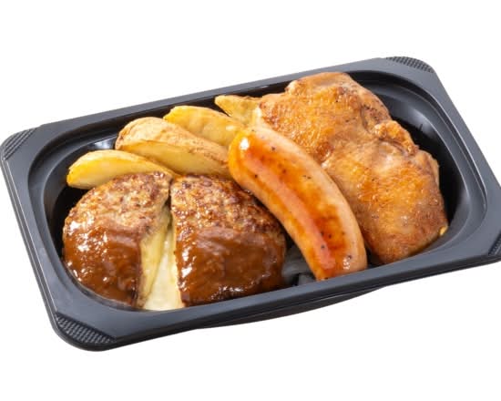 (おかず)チーズINハンバーグミックスグリル（チーズINハンバーグ＆ジャンボフランク＆炭焼き風チキングリル）